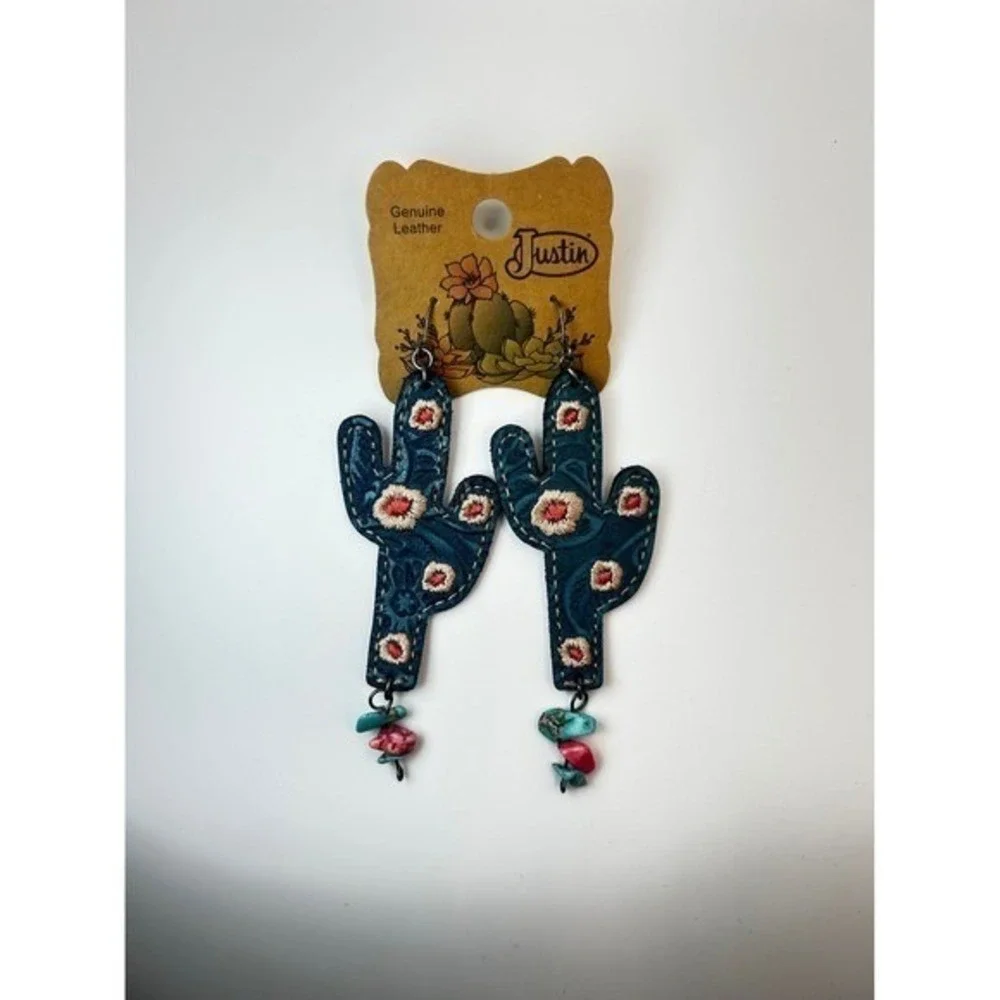 Justin Teal Embossed Leather Cactus Drop Earrings with Embroidery and Stones
